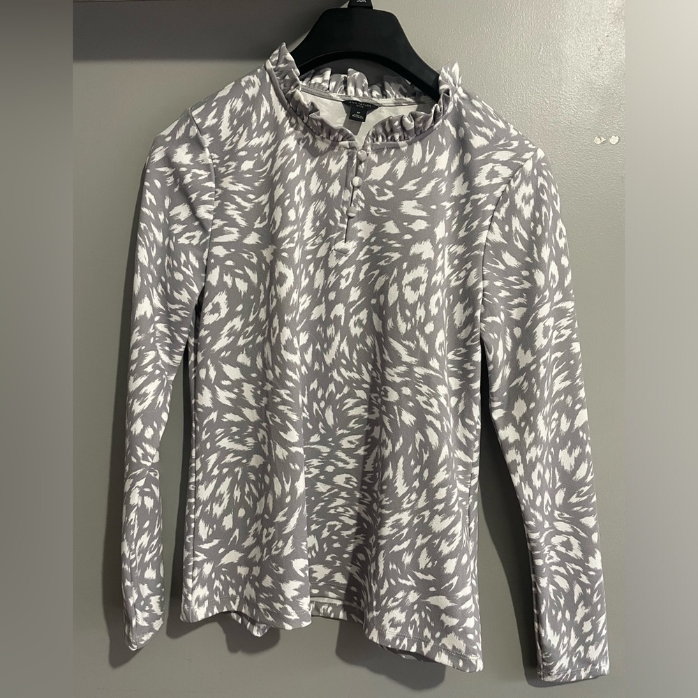 Ann Taylor (Petite Medium) animal print ruffle neck top